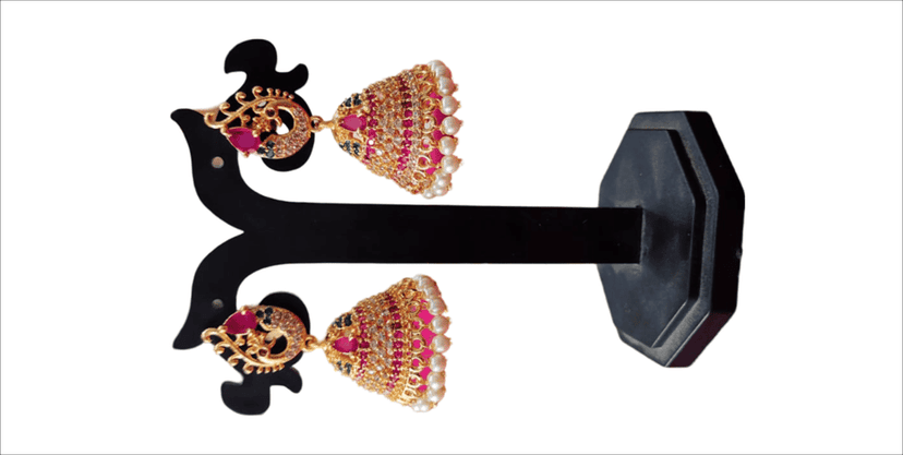 Stunning Pink Peacock Jhumka Earrings with Pearls and Kundan view 4