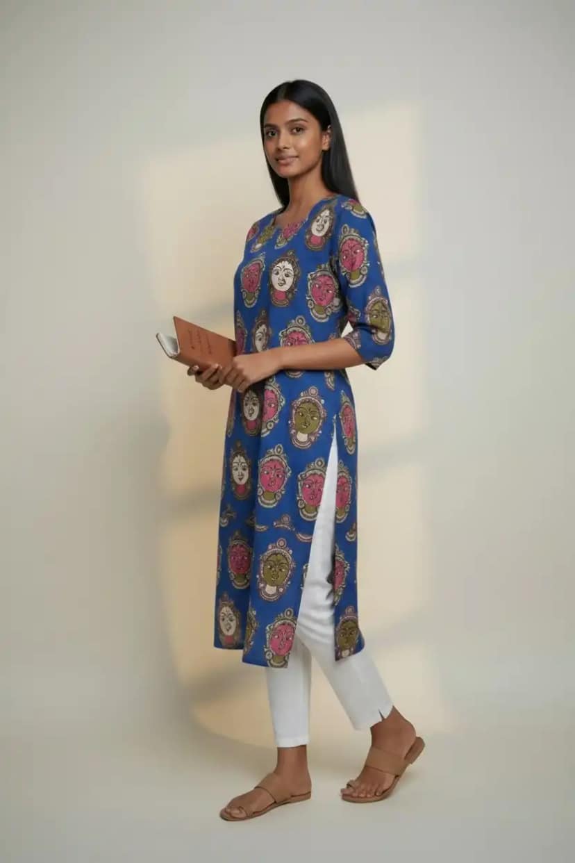Pedana Kalamkari Screen-Print Cotton Kurti in Blue with Stylized Faces view 2