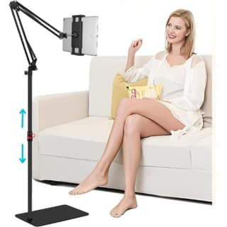 SOOPII Tablet Holder Mount with Adjustable Height & Strong Arm, Tablet Floor Stand, Heavy Base, Compatible with Tabs & Cell Phones (4.7''-14'' Devices) - Black