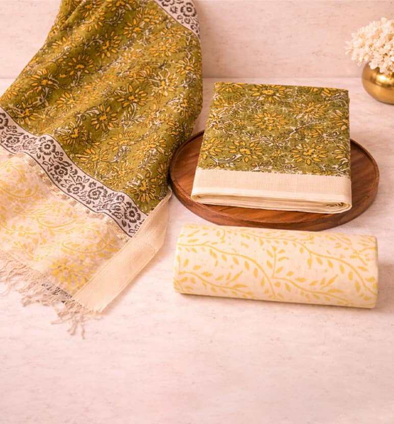 Block Print Kalamkari Maheshwari Unstitched Suit Set – 3 Piece