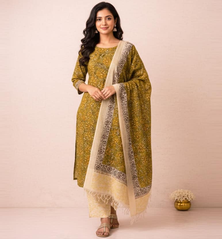 Block Print Kalamkari Maheshwari Unstitched Suit Set – 3 Piece view 7