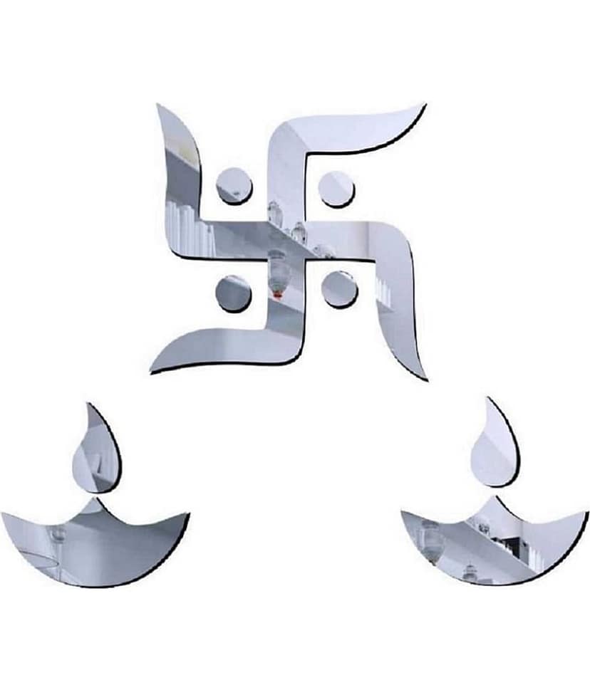 Asmi Collection Beautiful Swastik & 2 Diyas Acrylic Mirror Wall Sticker ( 15 x 15 cms )
