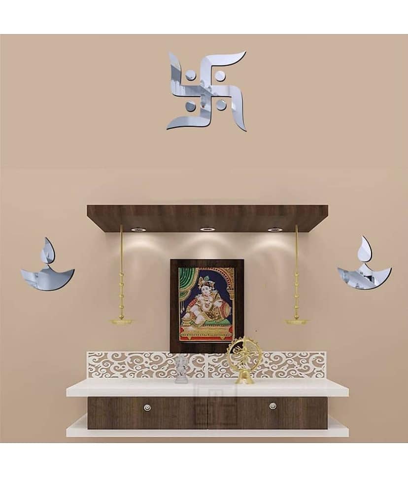Asmi Collection Beautiful Swastik & 2 Diyas Acrylic Mirror Wall Sticker ( 15 x 15 cms ) view 2