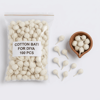 Cotton Bati for Diya - 100 Pcs - Pure Cotton Wick for Puja
