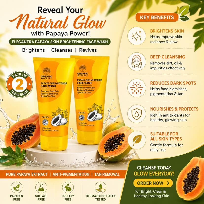 Elegantra Papaya Skin Brightening Face Wash 100ml each Pack of 2 | Anti-Pigmentation Face Cleanser for Dark Spots, Tan Removal, Uneven Skin Tone & Glowing Skin | Deep Cleansing Papaya Face Wash view 5