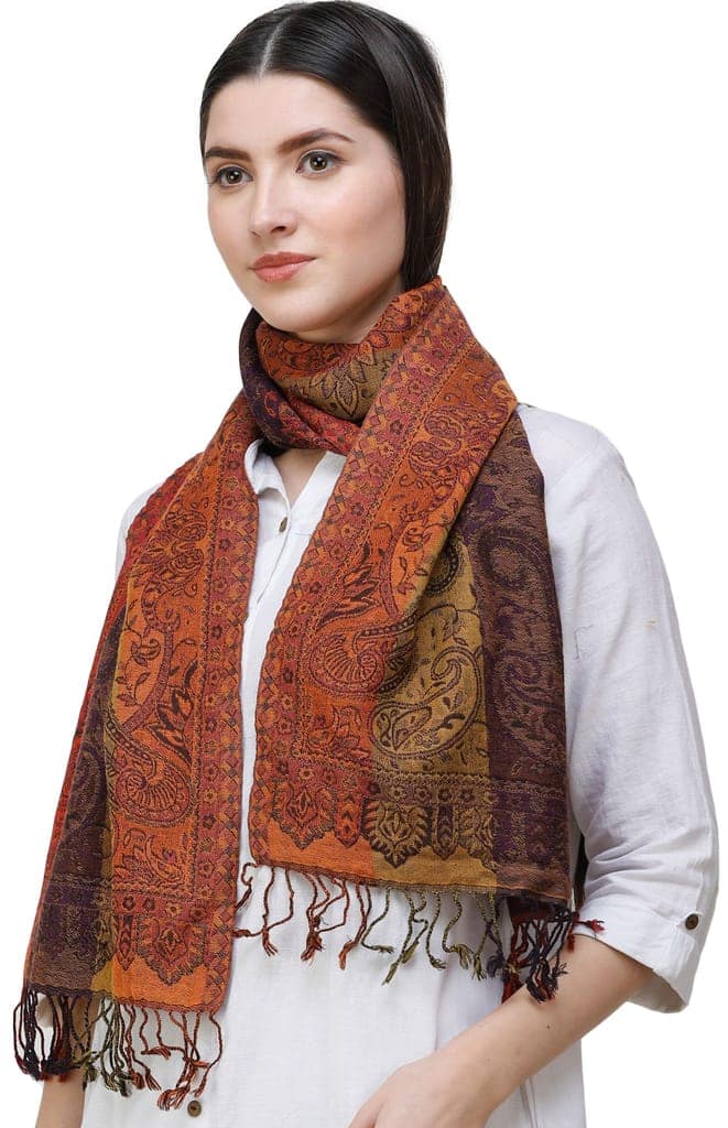 Antelope Reversible Jamawar Scarf from Amritsar with Woven Paisleys view 3