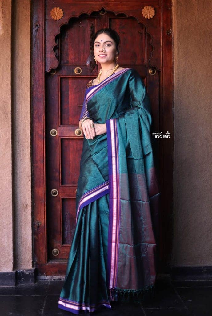 Traditional Khun Saree ~ Cotton Resham Authentic Handwoven, Peacock Green with Violet Border view 2