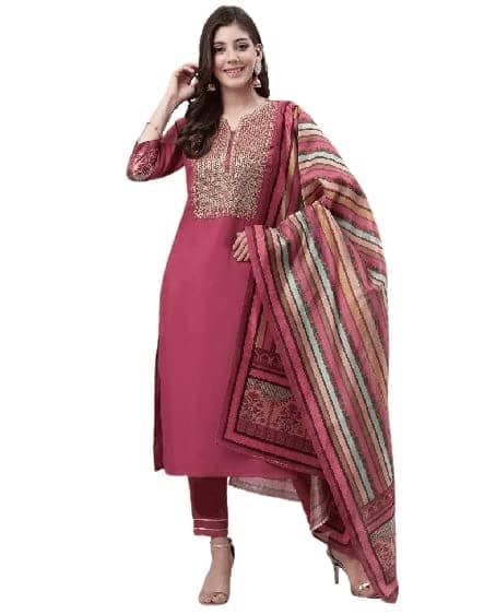 Buy & Try Rayon Kurta Pant Set with Dupatta | Chinon Art Silk Kurti Set with Embrodry Work for Wedding, Party & Festival.