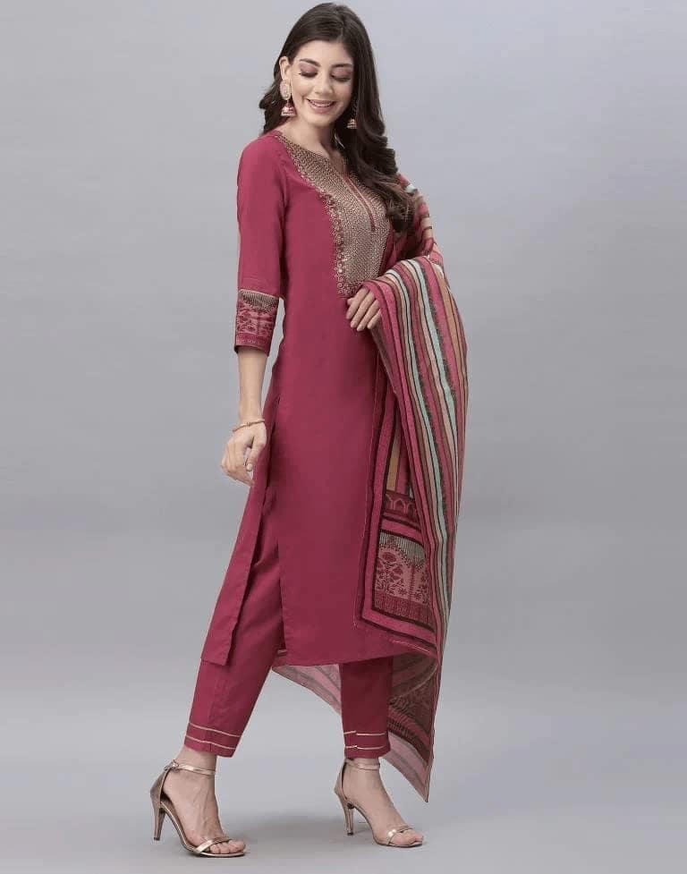Buy & Try Rayon Kurta Pant Set with Dupatta | Chinon Art Silk Kurti Set with Embrodry Work for Wedding, Party & Festival. view 2