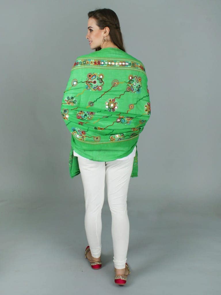 Poison-Green Printed Dupatta from Kutch with Hand-Embroidered Florals and Mirrors view 2