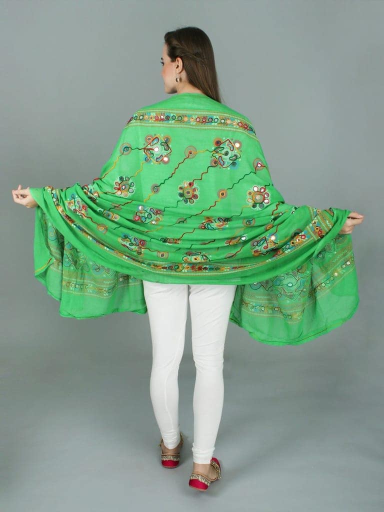 Poison-Green Printed Dupatta from Kutch with Hand-Embroidered Florals and Mirrors view 3