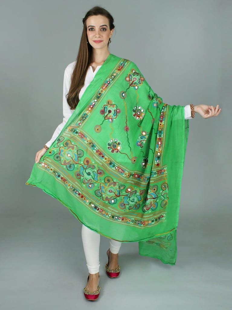 Poison-Green Printed Dupatta from Kutch with Hand-Embroidered Florals and Mirrors view 4