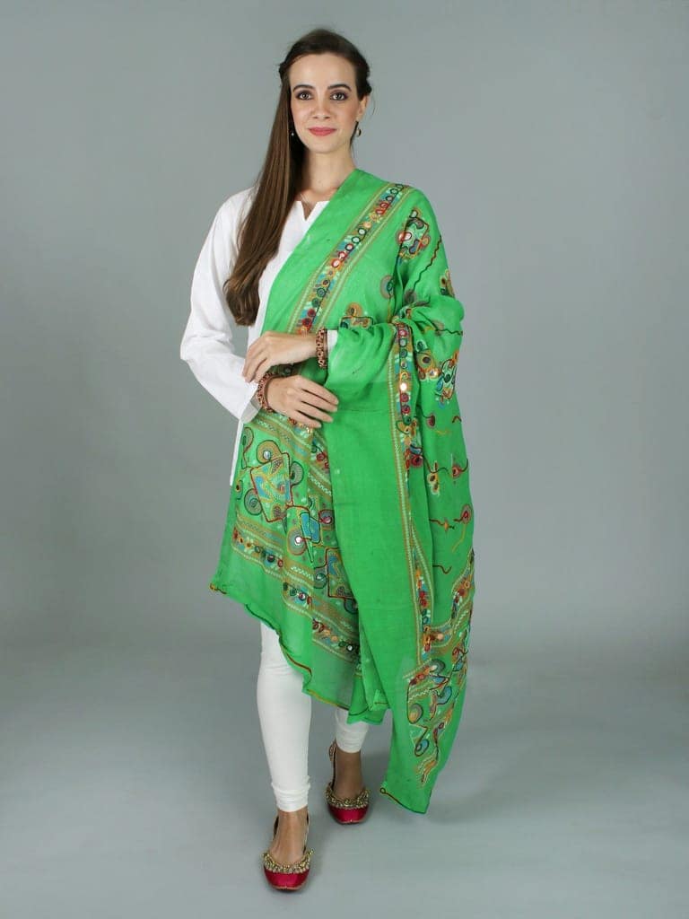 Poison-Green Printed Dupatta from Kutch with Hand-Embroidered Florals and Mirrors view 5