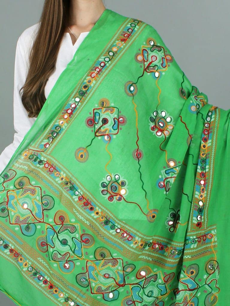 Poison-Green Printed Dupatta from Kutch with Hand-Embroidered Florals and Mirrors view 6