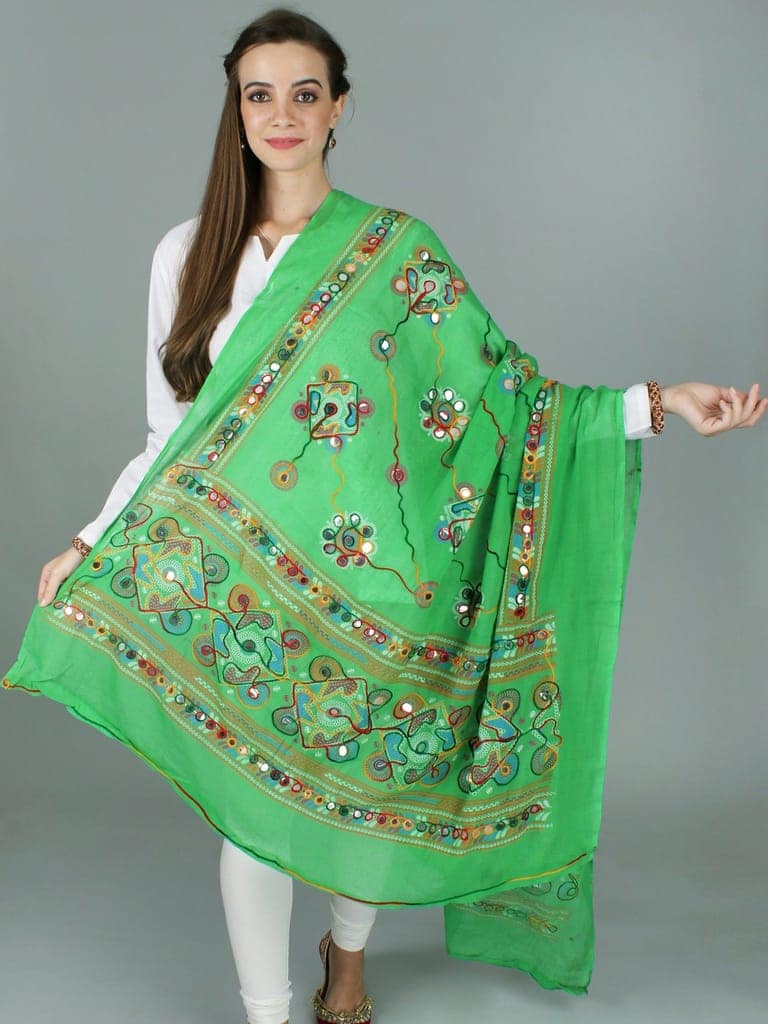 Poison-Green Printed Dupatta from Kutch with Hand-Embroidered Florals and Mirrors view 7