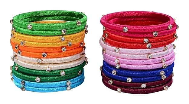 Set of 24 Colorful Silk Thread Bangles with Rhinestone Accents view 2