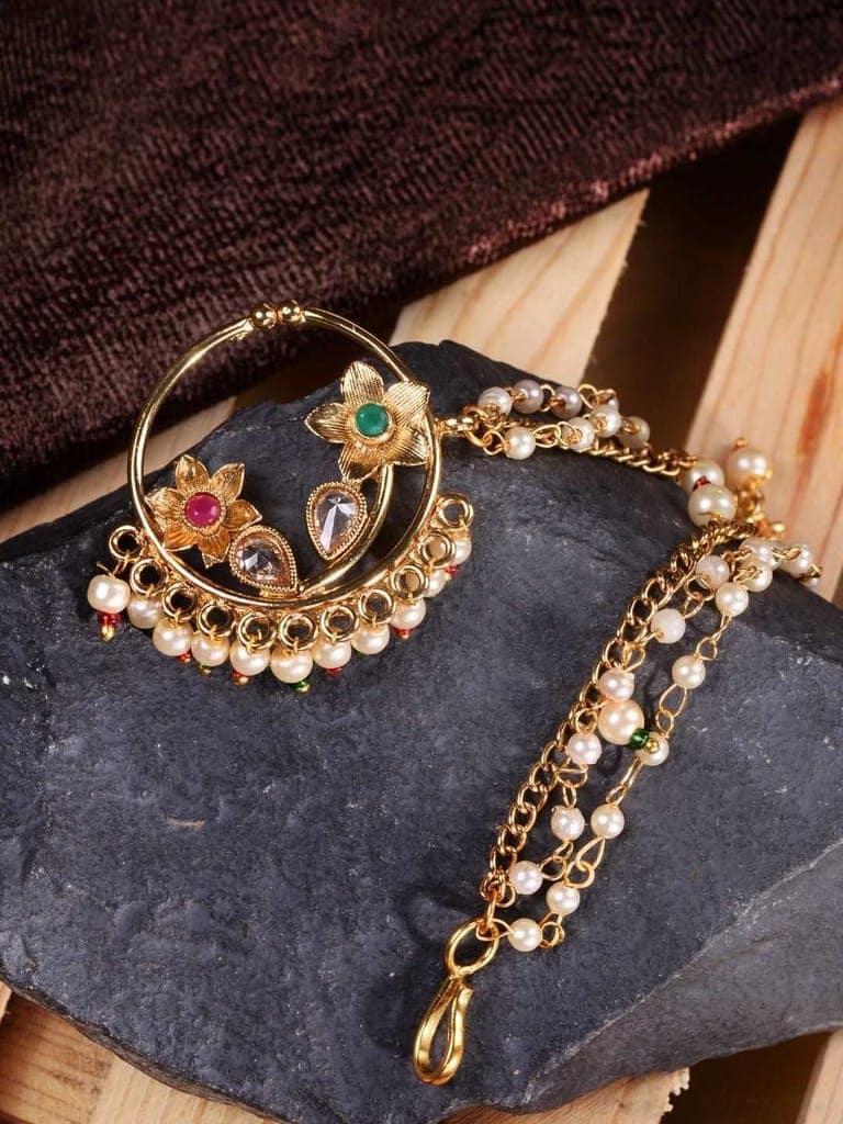 Gold plated Red& White Pearl Beaded Floral Nose Ring view 2
