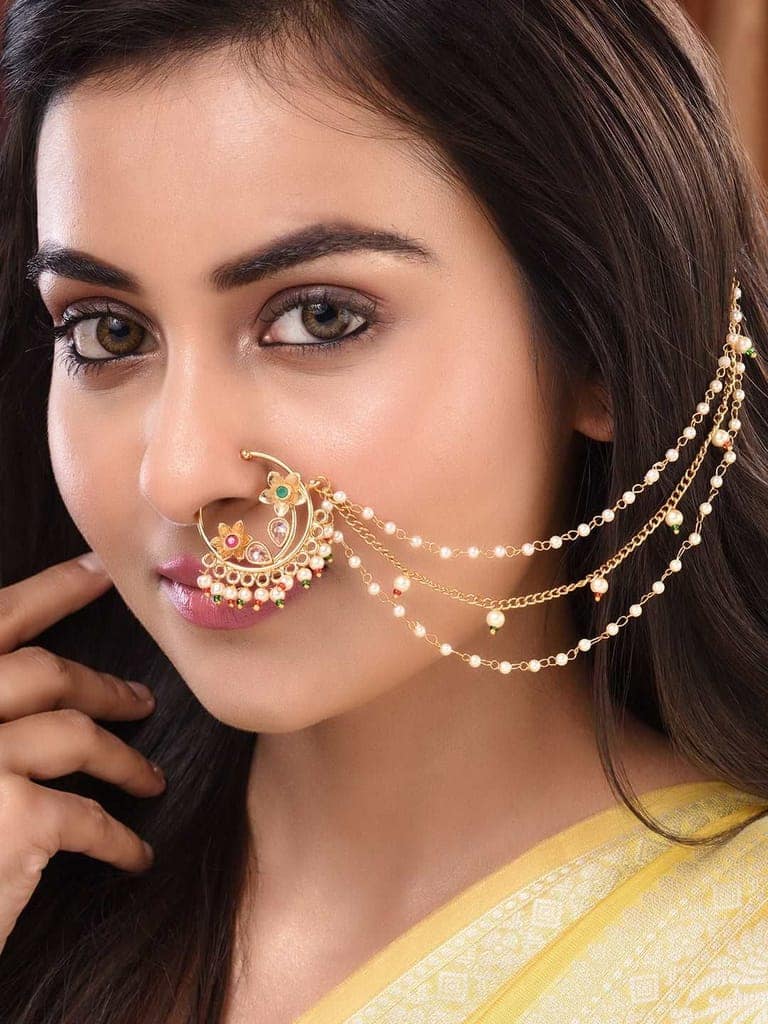 Gold plated Red& White Pearl Beaded Floral Nose Ring view 6