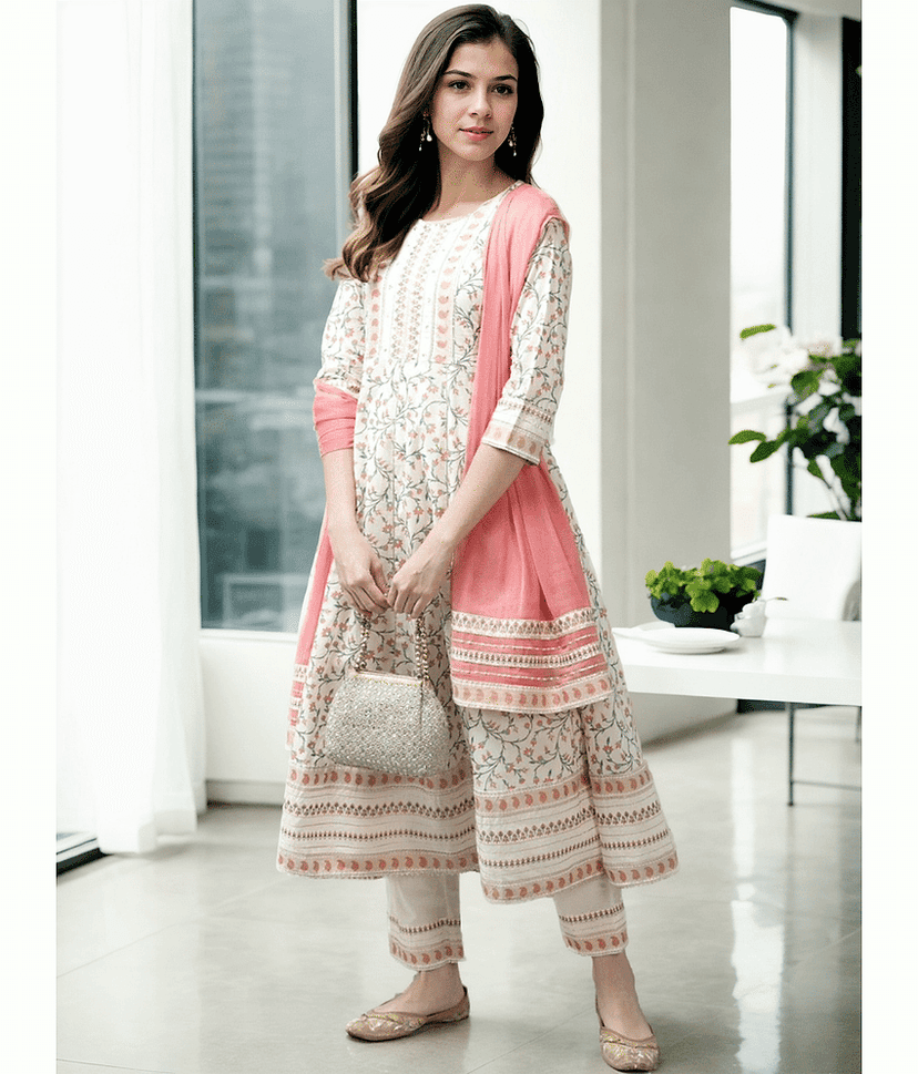 AMIRA'S INDIAN ETHNICWEAR Cotton Printed Kurti With Pants Women's Stitched Salwar Suit - Cream ( Pack of 1 )