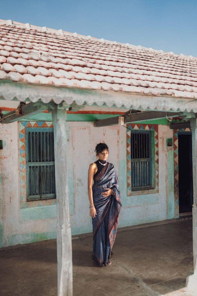 Jharokha -Indigo silk cotton Ajrakh handblockprinted saree view 2