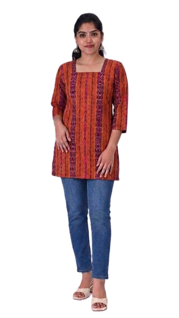GHL Women's Premium Sambalpuri Ikat Handloom Cotton Short Kurti | Square Neck Ethnic Top | Office Wear, College Wear & Casual Kurti for Women view 4