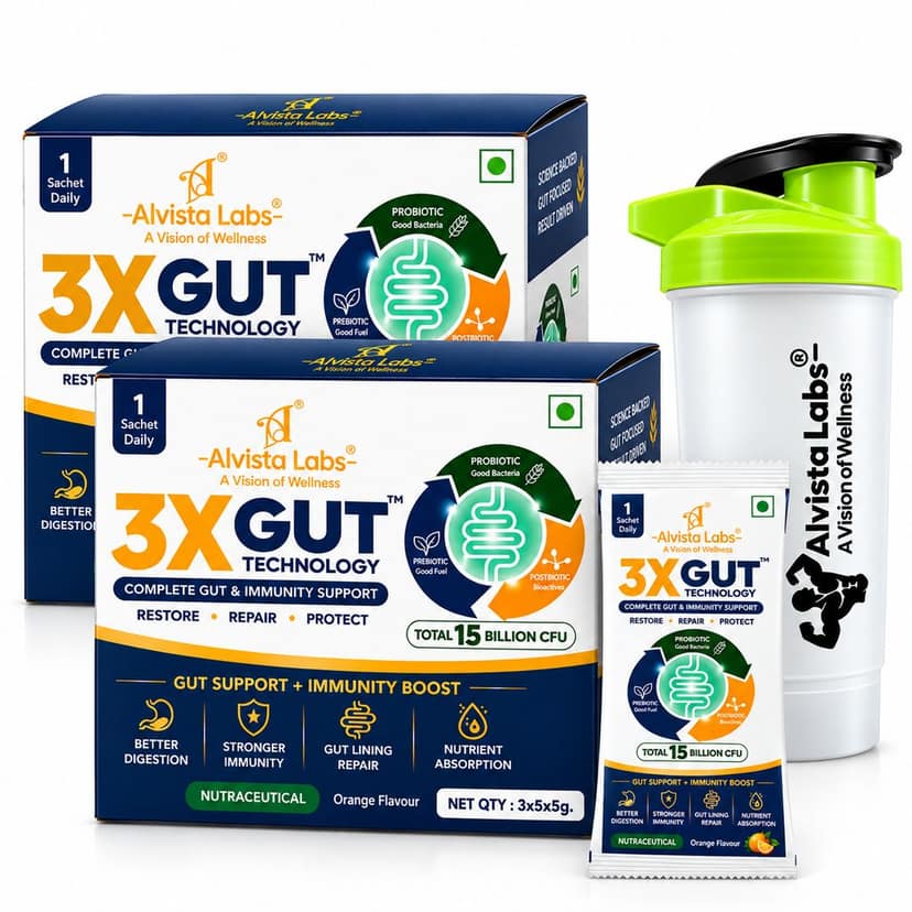 Alvista Labs 3X GUT TECHNOLOGY Complete Gut & Immunity Support Supplement - 15 Sachets With Free Shaker