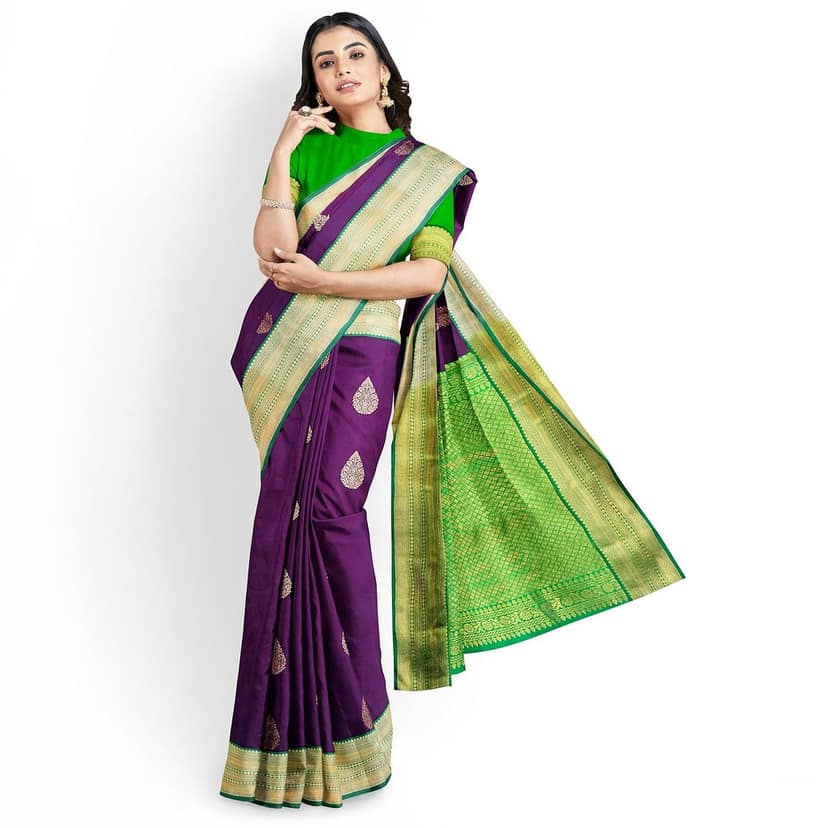 Dark Purple Color Korvai Saree Has Contrast Pallu and Border with Unstitched Blouse view 2