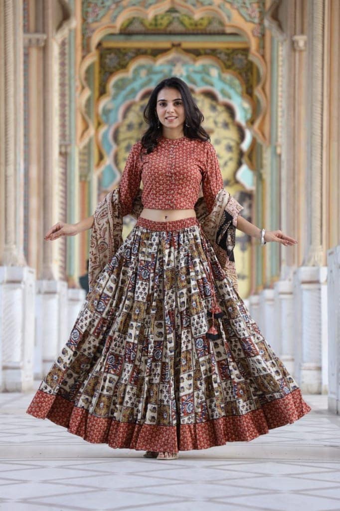 Cotton Lehanga Handblock Printed Crail Red Color and Top With Mulmul Dupatta (Size 34-46)-2212