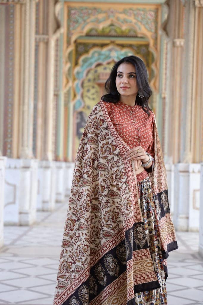 Cotton Lehanga Handblock Printed Crail Red Color and Top With Mulmul Dupatta (Size 34-46)-2212 view 5