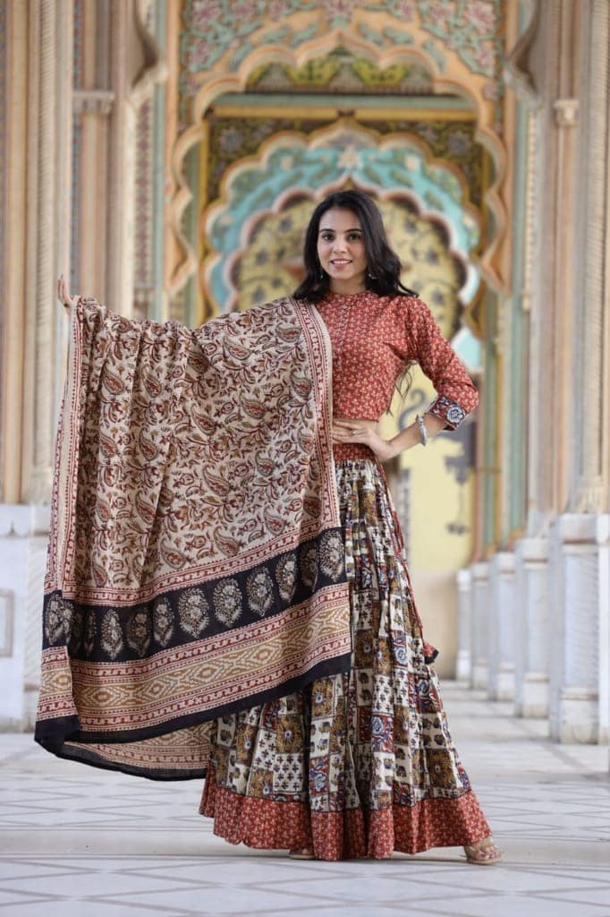 Cotton Lehanga Handblock Printed Crail Red Color and Top With Mulmul Dupatta (Size 34-46)-2212 view 6