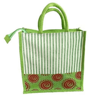 Green Jute Shopping Bag with Floral Design