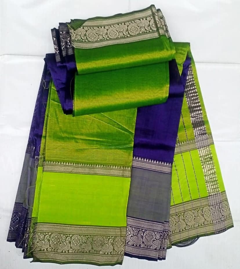 Green And Blue Kanchipuram Silk Saree With Elephant And Peacock Motifs view 3