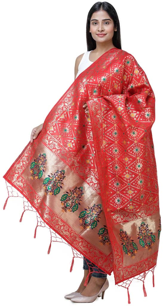 Flame scarlet Brocade Dupatta from Gujarat with Birds and Geometric Motifs All-Over view 2