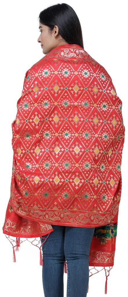 Flame scarlet Brocade Dupatta from Gujarat with Birds and Geometric Motifs All-Over view 3