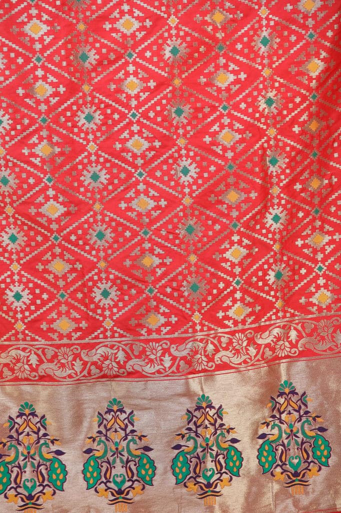 Flame scarlet Brocade Dupatta from Gujarat with Birds and Geometric Motifs All-Over view 4