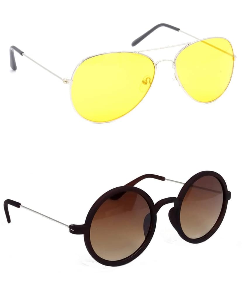 HRINKAR Unisex Pilot Sunglasses Silver Frame, Yellow & Brown Lens (Medium) - Pack of 2