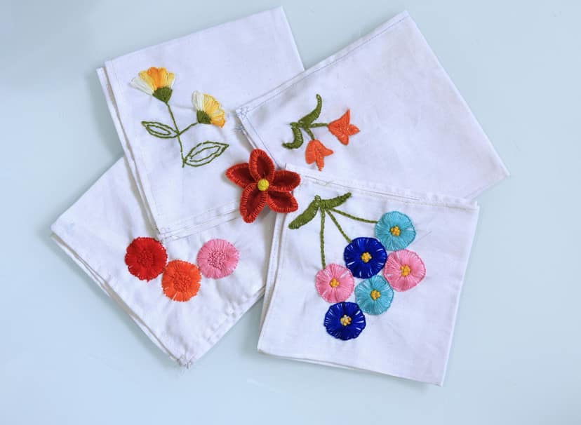 Set of 4 Hand Embroidered Floral Handkerchief view 3