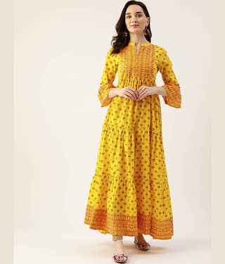 HISHAM - Yellow Cotton Women's Flared Kurti ( Pack of 1 )