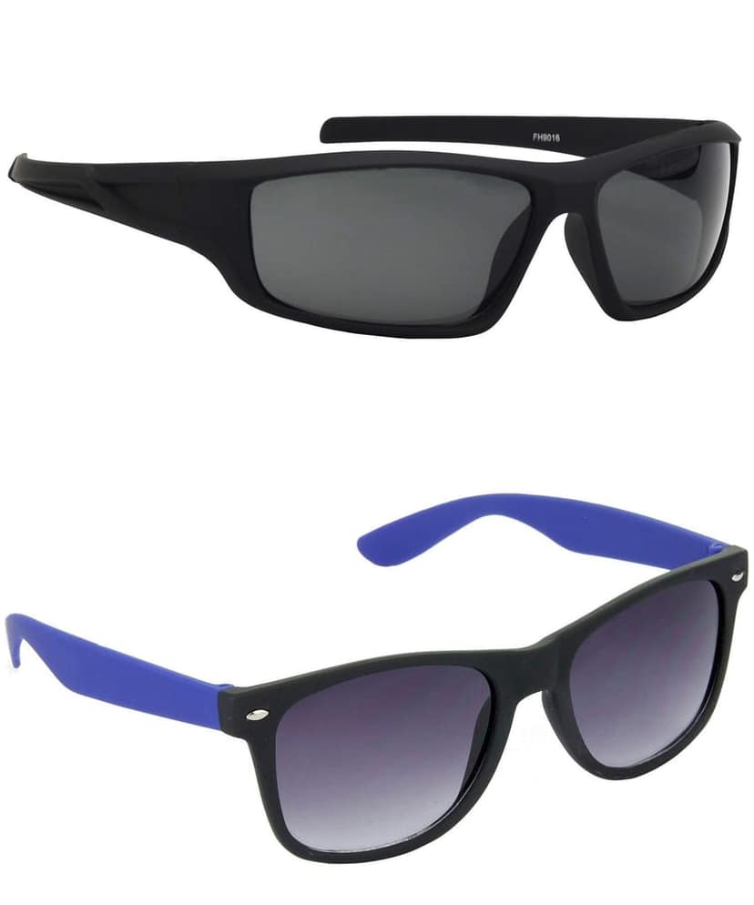 HRINKAR Men Sports Sunglasses Black & Blue Frame, Grey Lens (Medium) - Pack of 2