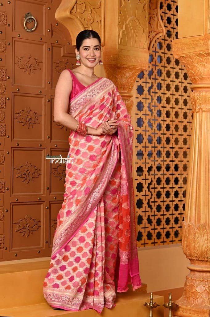 Shubh ~ Handloom Khaddi Georgette Saree With Hand Paint ~ Blush Pink Orange view 2