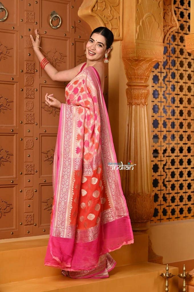 Shubh ~ Handloom Khaddi Georgette Saree With Hand Paint ~ Blush Pink Orange view 3