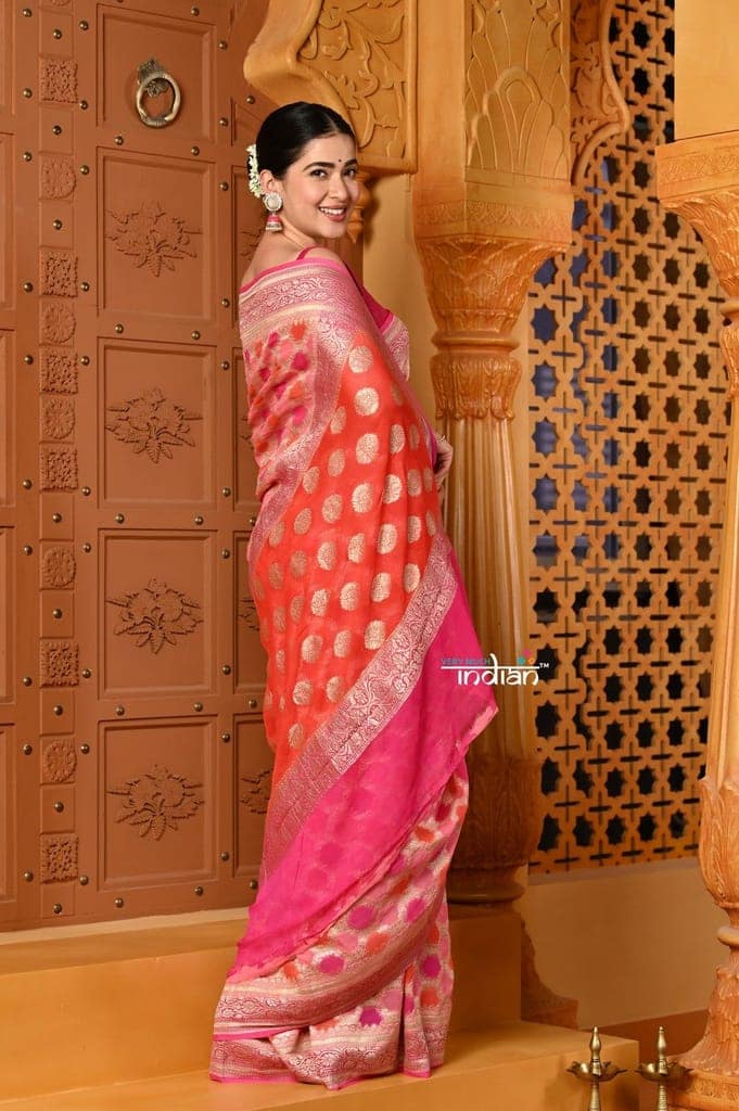 Shubh ~ Handloom Khaddi Georgette Saree With Hand Paint ~ Blush Pink Orange view 4