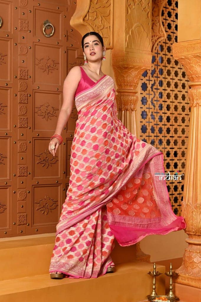 Shubh ~ Handloom Khaddi Georgette Saree With Hand Paint ~ Blush Pink Orange view 5