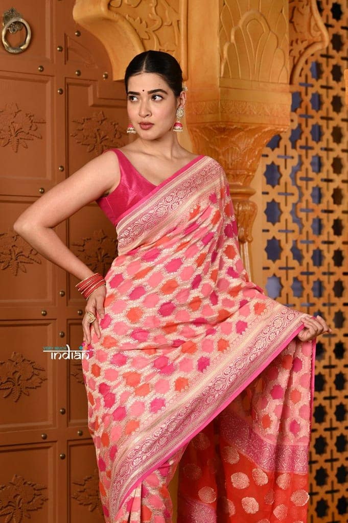 Shubh ~ Handloom Khaddi Georgette Saree With Hand Paint ~ Blush Pink Orange view 6