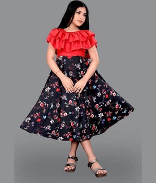 Aarya Creation Crepe Fit And Flare Dress For Girls ( Pack of 1 , Pink )