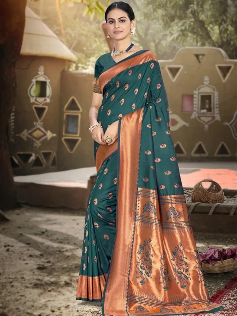 Dark Green Silk Saree view 2