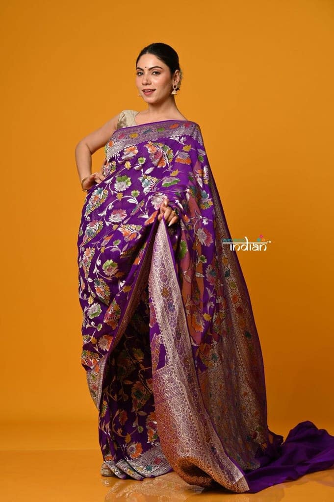 Suhaani Premium~ Handloom Khaddi Georgette Saree With All Over Floral Jaal~ Perfect Violet view 2