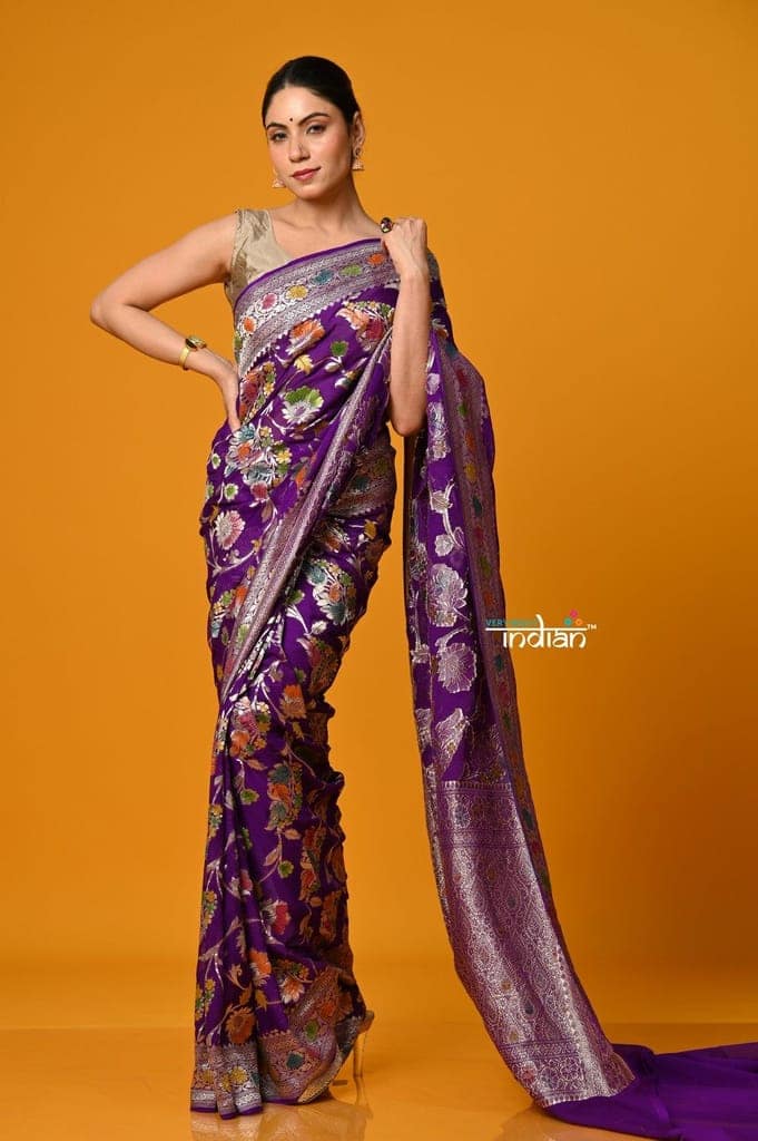 Suhaani Premium~ Handloom Khaddi Georgette Saree With All Over Floral Jaal~ Perfect Violet view 3