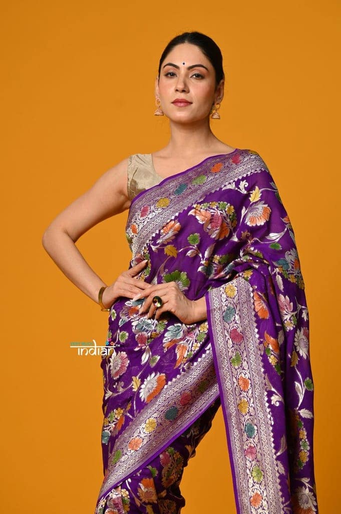 Suhaani Premium~ Handloom Khaddi Georgette Saree With All Over Floral Jaal~ Perfect Violet view 4