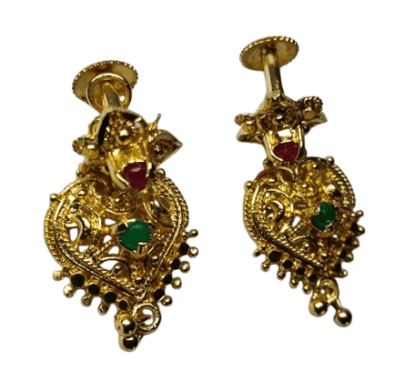 Gold Plated Traditional Indian Jhumka Earrings with Ruby and Emerald Stones view 2